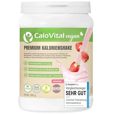 Abbildung von Hochkalorische Trinknahrung Vegan Kalorien Shake zum zunehmen Astronautennahrung Trinkmahlzeit mit Kohlenhydrate Protein Vitamine &amp; Mineralstoffe Hochdosiert CaloVital (500 g, Erdbeere)