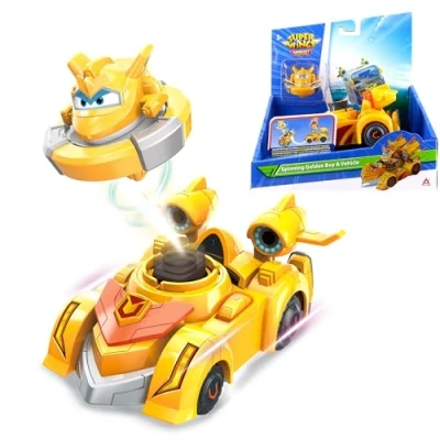 Abbildung von Super Wings Spinning Golden Boy &amp; Vehicle, ca. 14 cm großes Fahrzeug mit 2 Modi, inkl. Mini als Kreisel zum abschießen, für Kinder ab 3 Jahren