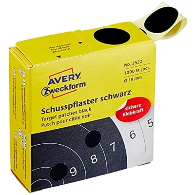 Abbildung von AVERY Zweckform 3522 Schusspflaster 1.000 Stück (Ø19mm, Zielscheibe, Schießsport, Schützensport, Schützenverein, Schützenscheibe, runde Aufkleber, permanent, Markierungspunkt, im Spender) schwarz