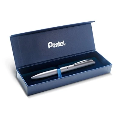 Abbildung von Pentel BL2007 EnerGel Tintenroller, hochwertig, einziehbar, Spitze 0,7 mm, Korpus aus mattem Metall, silberfarben Geschenkbox