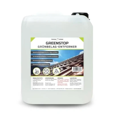 Abbildung von TerraDomi 10 Liter Greenstop für 3000m² I Grünbelagentferner gegen Flechten und Algen Dachreiniger, Steinreiniger &amp; Fassadenreiniger Hochkonzentrat