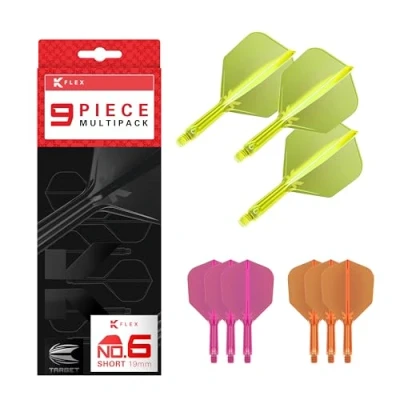 Abbildung von Target Darts K Flex Integrated Dart Flights and Shafts, Kurzer Schaft (19 mm), Nr. 6 Flight, 9er Pack, Neon Pink, Orange &amp; Gelb Kflex 2 In 1 Flight und Schaft, professionelles Dartzubehör