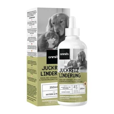 Abbildung von Anti Juckreiz Tropfen für Hunde &amp; Katzen 250ml gegen juckende, trockene Haut Bei Allergien Grasmilben Fellpflege mit Brennnessel Ginkgo Futterzusatz Alternative zu Tabletten animigo