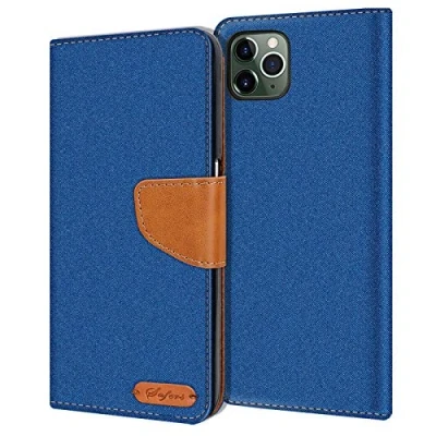 Abbildung von Verco kompatibel mit Apple iPhone 11 Pro Max Hülle, Schutzhülle für Tasche Denim Textil Book Case Flip (6,5 Zoll) Klapphülle, Blau