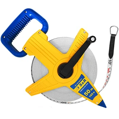 Abbildung von S&amp;R Bandmaß Fiberglas 50 METER / 165 Ft (Zoll) Beidseitig markiert, Breite 13 mm Rollmassband Meter/Zoll Fuß, Rollbandmaß mit Metallring und Zentrierspitze