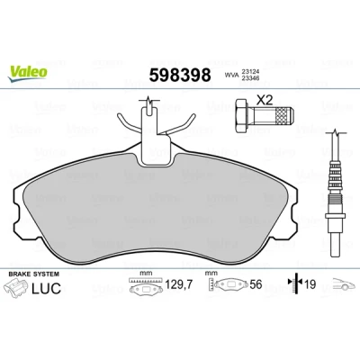 Abbildung von VALEO 598398 Bremsbelagsatz Vorderachse exkl. Verschleißwarnkontakt mit Sicherungsschraubensatz, ohne Anti Quietsch Blech PEUGEOT: 206 Schrägheck