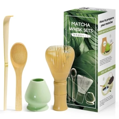 Abbildung von 4 Stück Matcha Set Japanische Zeremonie, Gelb MatchaBesen aus Harz, Bambuslöffel, Bambusschaufel, Quirlhalter, Zubehör für die Teezeremonie, Getränk Céladon Blau