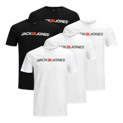 Abbildung von JACK &amp; JONES Herren Shirts T Logo Tee Crew Neck 5er Pack, Farbe:Mehrfarbig, Artikel: White/White/White/Black/Black, Größe:L