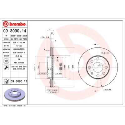 Abbildung von Bremsscheibe BREMBO 9309011 vorne, belüftet, 1 Stück