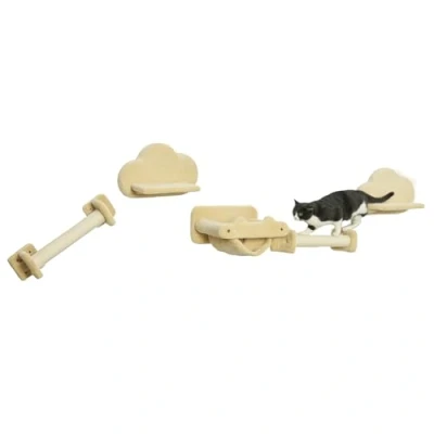 Abbildung von PawHut Katzen Kletterwand für Wandmontage, Katzenstufen, Kratzbaum, Beige, 5 teiliges Katzentreppe mit 2 Kratzstämmen