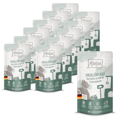 Abbildung von MjAMjAM Premium Nassfutter für Katzen Quetschie vorzügliches Kalb &amp; Truthahn an leckeren Möhrchen, 12er Pack (12 x 125 g), getreidefrei mit extra viel Fleisch