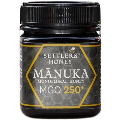 Abbildung von Settlers Manuka Honig MGO 250+ produziert und abgefüllt in Neuseeland 250g zertifiziert 100% purer