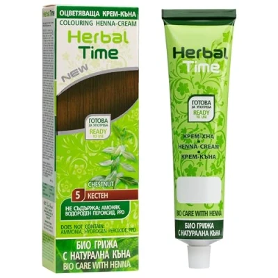Abbildung von Herbal Time Henna für Haare Natürliches Farbcreme Farbe Kastanie Nº5 Deckt Graue ab Temporäre Färbung Ohne Ammoniak, Sulfate und Parabene 75 ml