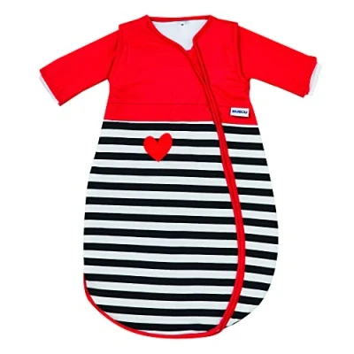 Abbildung von Gesslein 770110 Babyschlafsack Bubou, rote Pünktchen, schwarz weiß gestreift, Größe 50