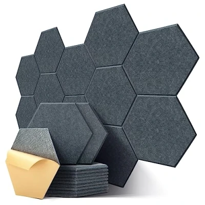 Abbildung von Hexagon Akustikplatten Selbstklebend, 12 Stück Hohe Dichte Schallabsorber für Decken /Tür /Wanddekoration und Akustische Behandlung, Studio/home/Gaming Deko (30x26x0.9cm)