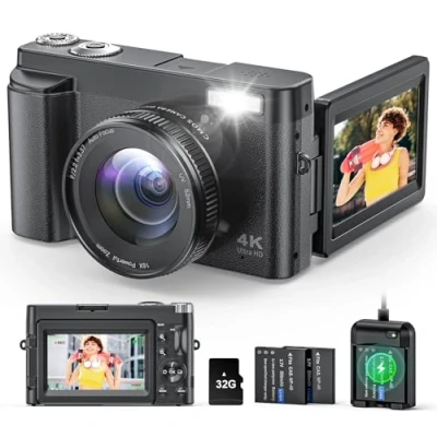 Abbildung von Digitalkamera 4K 48MP Fotokamera mit 32GB Karte Kompaktkamera 3&quot; Klappdisplay, Autofokus, Blitz, Vlog Kamera Selfies für Einsteiger