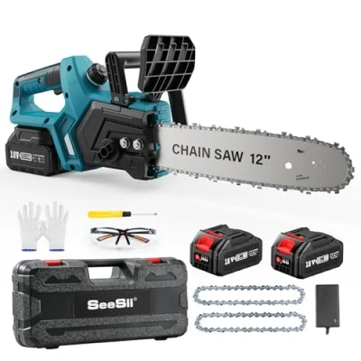 Abbildung von SEESII Akku Kettensäge 12 Zoll, 10000mAh Elektro Kettensäge, 1200W Bürstenloser Motor, Automatische Kettenschmierung, Werkzeuglose Kettenspannung, 30cm Schwertlänge, Ideal für Brennholz &amp; Baum