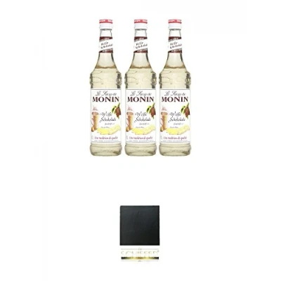 Abbildung von Monin weiße Schokolade 3 x 0,7 Liter + Schiefer Glasuntersetzer eckig ca. 9,5 cm Durchmesser