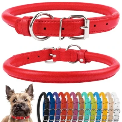 Abbildung von CollarDirect Rundes Leder Hundehalsband, weich gepolstert gerollt, handgefertigtes Echtleder Halsband für Hund Welpe Katze Klein Groß Schwarz Rosa Rot Lila Blau