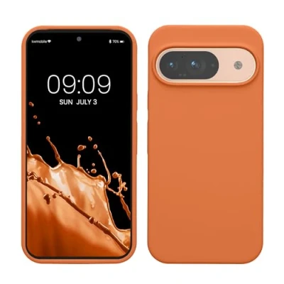 Abbildung von kwmobile Hülle kompatibel mit Google Pixel 9 / Pro Silikon Handy Case Handyhülle weiche Oberfläche kabelloses Laden Warme Aprikose
