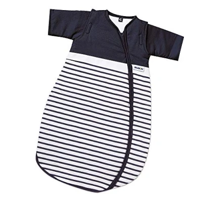 Abbildung von Gesslein 773037 Bubou Babyschlafsack mit abnehmbaren Ärmeln: Temperaturregulierender Ganzjahreschlafsack für Baby/Kinder Größe 110 cm, dunkelblau/weiß gestreift, blau, 540 g