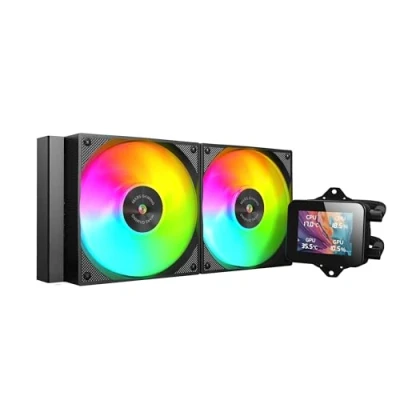 Abbildung von MARSGAMING ML VISION240, Flüssigkeitskühlung AIO, TDP 500W, 2x ARGB Lüfter mit Kupfer und Aluminium FDB Kern, 4:3 IPS LCD Display 360 Rotation Software, Universeller Multisockel, Schwarz
