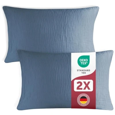 Abbildung von Blumtal Musselin Kissenbezug 40x80 cm im 2er Set Oeko TEX zertifiziertes Kopfkissen Bezug 40 x 80 100% Baumwolle Kopfkissenbezug Dunkelblau
