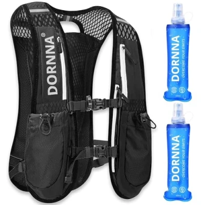 Abbildung von DORNNA Laufweste Damen und Herren mit 2 Trinkflasche 500 ml, Running Vest Einheitsgröße, Laufrucksack Herren, Trinkrucksack Laufen. (Schwarz + Soft Flask 500ml)