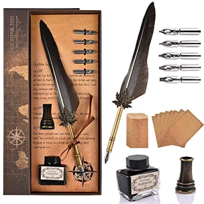 Abbildung von Cieex Schreibfeder Kalligraphie Feder, Handgemachte Dip Pen, Vintage Federkiel Quill Pen Writing Ink Set für Schreibwaren Geschenk