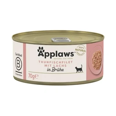 Abbildung von Applaws 100% natürliches Premium Nassfutter für Katzen, Hühnerbrust und Thunfischfilet mit Lachs in Brühe Packung 24 x 70g Dosen