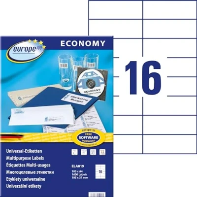 Abbildung von Europe100 Art. ELA019 Adressaufkleber (1.600 Klebeetiketten, 105x37mm auf A4, Papier matt, individuell bedruckbar, selbstklebende Adressetiketten, kompatibel zu AVERY 3484) 100 Blatt, weiß