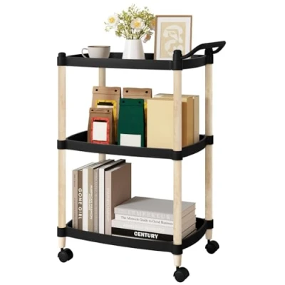 Abbildung von WOLTU Servierwagen 3 Ebenen, Küchenwagen mit Griff Bremsen, Nischenregal auf Rollen, Rollregal für Wohnzimmer Küche Büro, Rollwagen Kunststoff Holz, 52,5x73x33 cm, Schwarz
