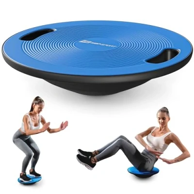 Abbildung von Hop Sport Balance Board aus Kunststoff 150 kg Belastbarkeit, rutschfestes Wackelbrett mit Griffen, Gleichgewichtstrainer für Physiotherapie, ø 40 cm blau