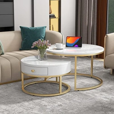 Abbildung von Merax Runder Couchtisch 2er Set, Moderne Beistelltisch mit Hochglanz Marmormuster für Wohnzimmer, Satztisch Schublade Empfangszimmer, Balkon, und Büro, Metallgestell, Weiß