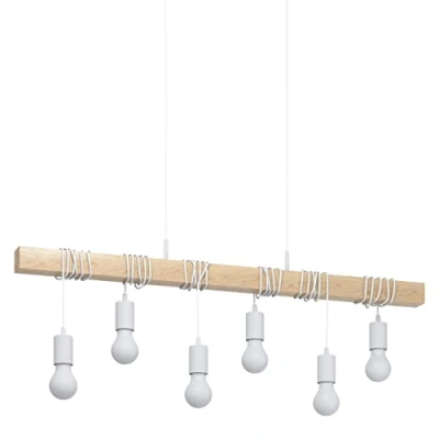 Abbildung von Eglo 33165 Pendelleuchte TOWNSHEND Stahl weiß, Holz braun E27 6X40W L:100cm B:10cm H:110cm dimmbar
