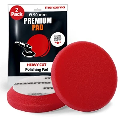 Abbildung von detailmate Menzerna Heavy Cut Foam Pad Polierschwamm hart Premium 95 mm 3,5&quot; rot 2 Stück + 1 Nitril Schutzhandschuh