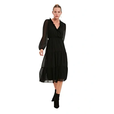 Abbildung von Trendyol Damen Woman Midi A line V hals geweven jurk Dress, Schwarz, 36 EU