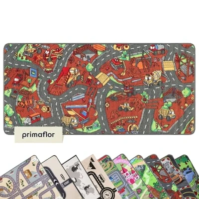 Abbildung von Primaflor Spielteppich mit Baustelle Design für Kinder 95 x 200 cm pflegeleichter Kinderteppich Straßen