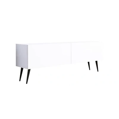 Abbildung von 3E 3xE living.com TV Schrank: Zwei Türen, Regale, Farbe mattweiß, Schwarze Beine, A: B: 140 cm, H: 52 T: 32