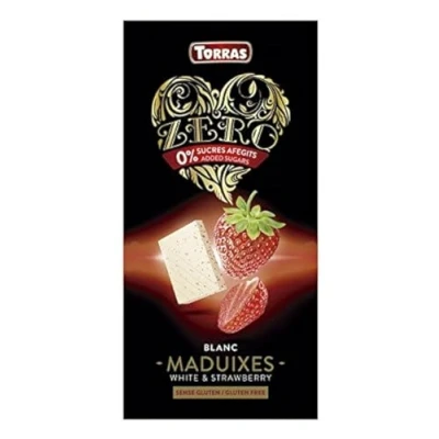 Abbildung von Torras Zero Schokolade, Schokolade ohne Zuckerzusatz, Weiße mit Erdbeerstückchen, Tafel (125g)