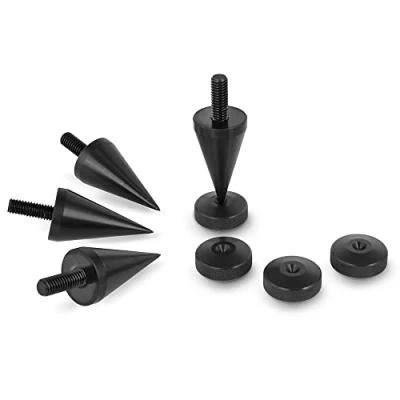 Abbildung von Precisiongeek Lautsprecherspikes M6, 20 mm Durchmesser, schwarz eloxiertes Aluminium und Lautsprecherpads, Aluminium, gerändelte Kanten