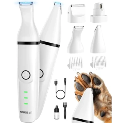 Abbildung von oneisall 4in1 Leise Schermaschine Hund Katze, Wiederaufladbar Hundeschermaschine&amp;Pfotentrimmer&amp;Krallenschleifer mit 4 Multifunktions Schneidköpfen für Körper, Pfoten, Augen, Ohren, Gesicht (Weiß)
