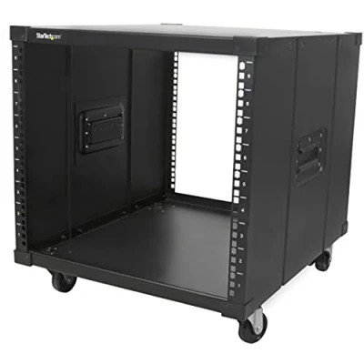Abbildung von StarTech.com 4 Pfosten 9 HE Mobiles Open Frame Serverrack, 19&quot; Netzwerk Rack mit Rädern für enge Räume in Büro/Heimbüro, kleines Netzwerk/AV/Daten/IT Geräte TAA Konform (RK960CP)