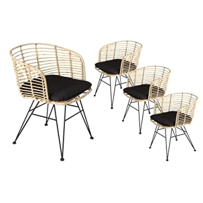 Abbildung von SAM 4er Set Rattanstuhl Nairobi, Farbe Natur, inklusive Sitzkissen, Korbstuhl mit Metallfüßen, Geflechtstuhl/Eisenstuhl im Retro Design, Esszimmerstuhl Armlehnen