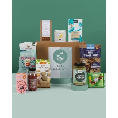 Abbildung von Gute Besserung BOX Geschenk Paket mit Snacks &amp; vielen Aufmerksamkeiten zur Genesung Care Paket, Geschenkkorb Vegan