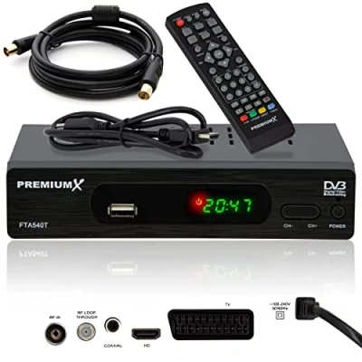 Abbildung von PremiumX FTA 540T Full HD Digital DVB T2 Receiver USB SCART HDMI Antennenkabel