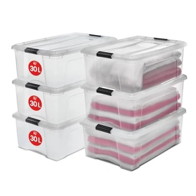 Abbildung von Iris Ohyama Aufbewahrungsboxen mit Deckel, 30L, 6er Set, Transparent, Sicherer Verschluss, Stapelbar, Griffe, Schlafzimmer, Schrank, Büro, Organisation, BPA freies Plastik, Ordnungsboxen, NTB 30