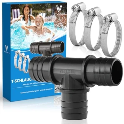 Abbildung von Villkin T Schlauchverbinder inkl. 3x Schlauchschellen für den Pool 38mm Stück Schlauchtülle Poolschläuche schwarz