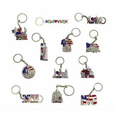 Abbildung von TSY TOOL 12 Stück New York NYC Metall Schlüsselanhänger Ring Bundle Souvenir Sammlung, Geschenk Set Beinhaltet Empire State, Freedom Tower, Freiheitsstatue, USA Flagge, und mehr