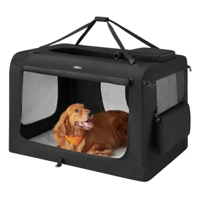 Abbildung von Feandrea Hundebox faltbar, Transportbox Hund, XXXXL, Hundetasche, Oxford Gewebe, Netzstoff, atmungsaktiv tragbar transportabel, Metallrahmen, mit Griffen, Taschen, 122 x 79 cm, schwarz PDC12H